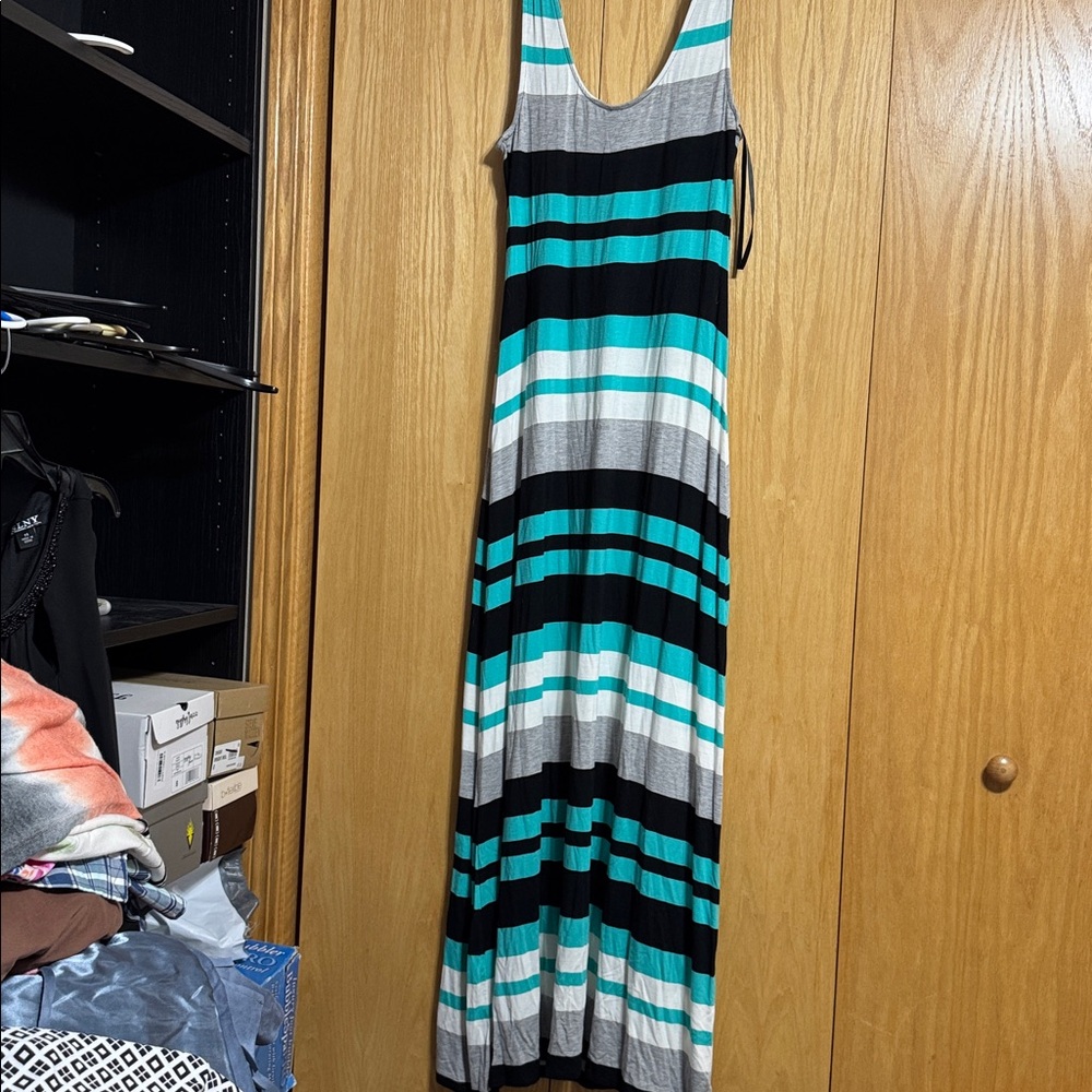 Merona Teal, Black & Gray Striped Sleeveless Maxi Dress - Picture 3 of 3